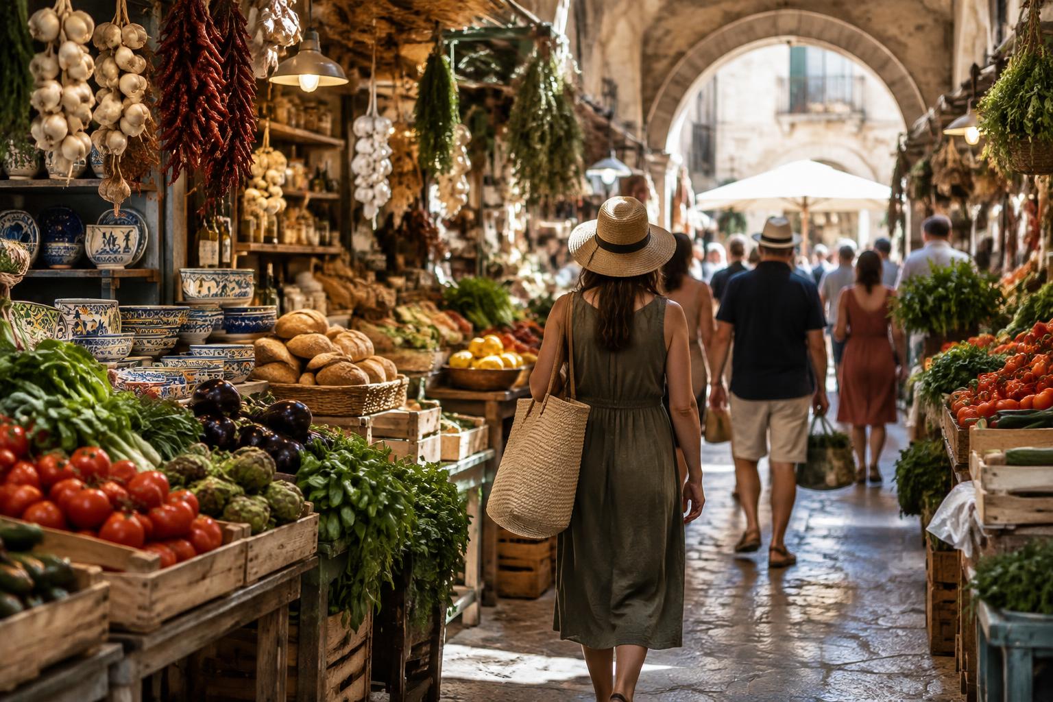 A small covered market hall with fruit and vegetable stalls