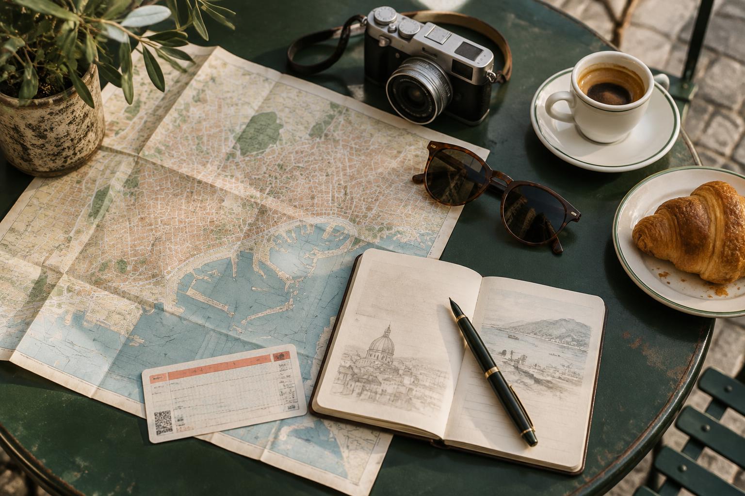 A passport, boarding pass and small notebook laid out on a table before a trip