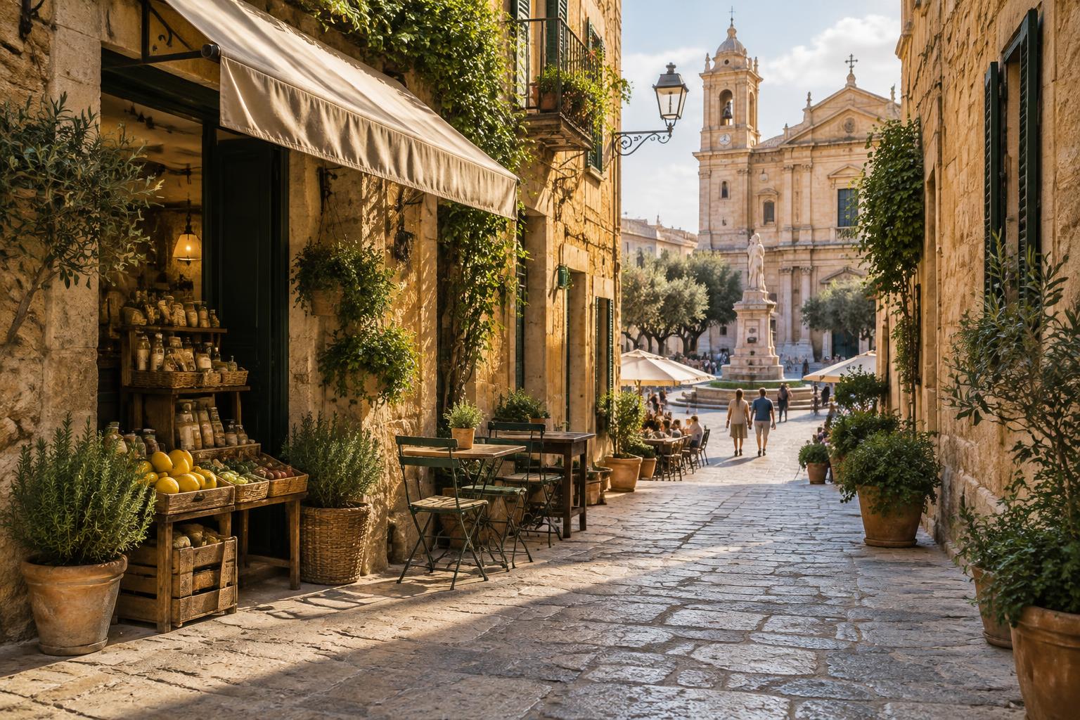 Wide cobbled square ringed by historic buildings with cafés and pedestrians