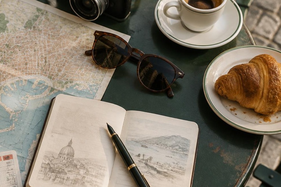 A traveller checking a smartphone map while sitting at an outdoor café table