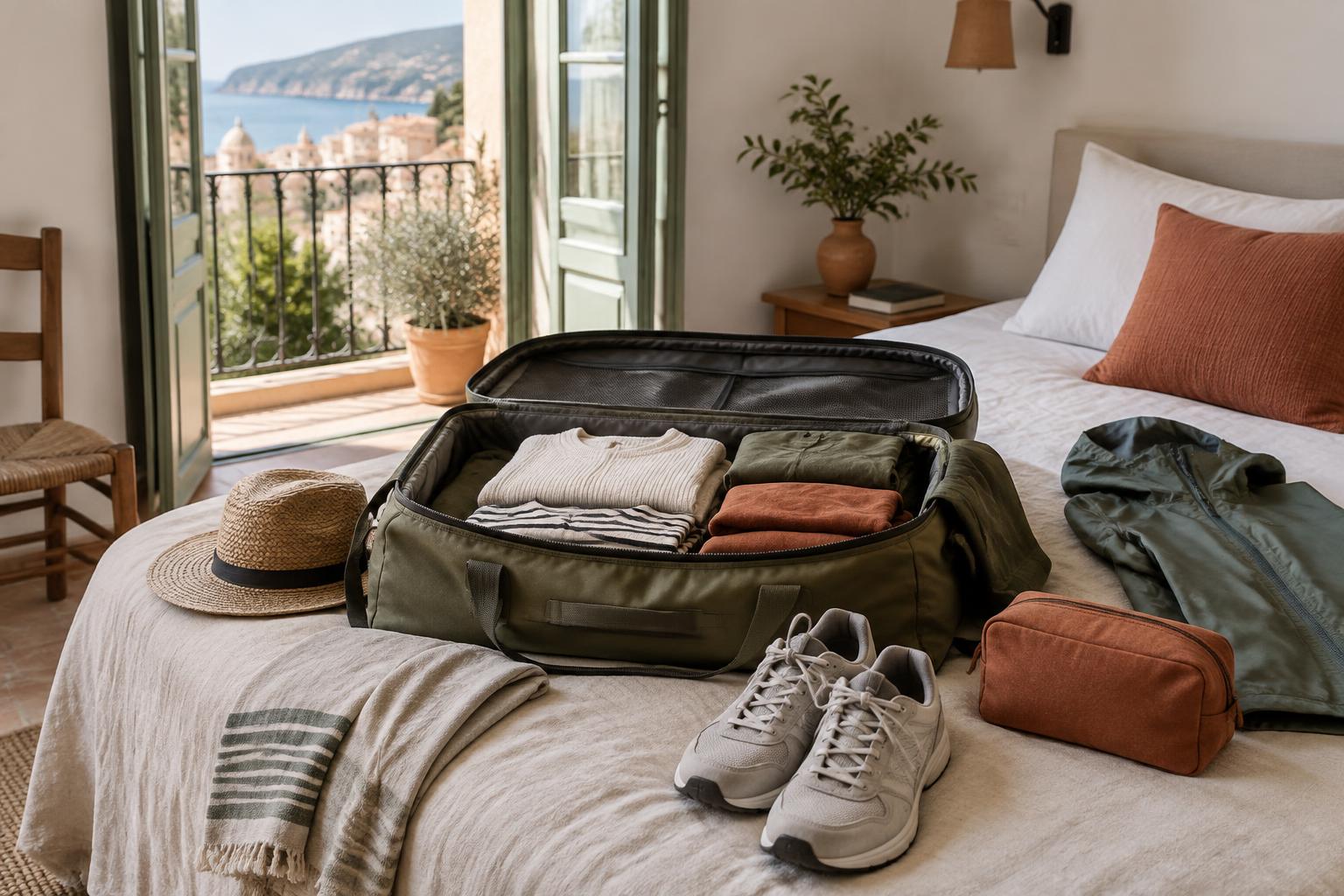 An open carry-on suitcase neatly packed with rolled clothing and packing cubes