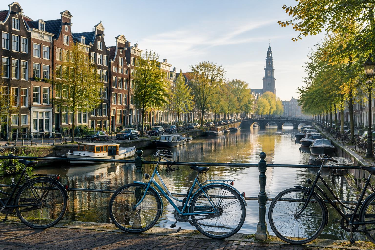 Row of rental bicycles parked beside an Amsterdam canal