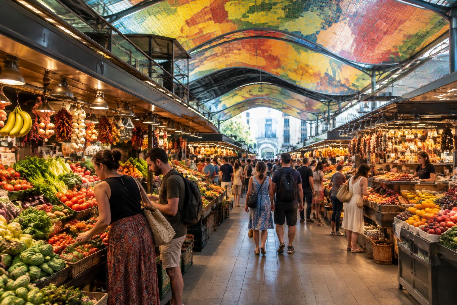 A colourful wave-roofed market building with stalls visible inside