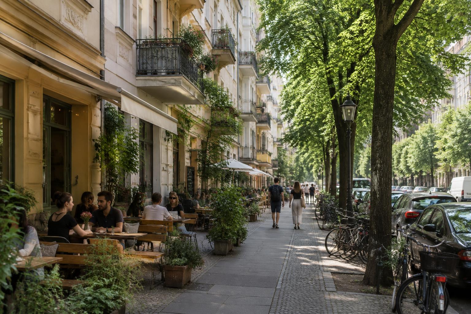 Street of restored 19th-century apartment buildings in a Berlin neighbourhood