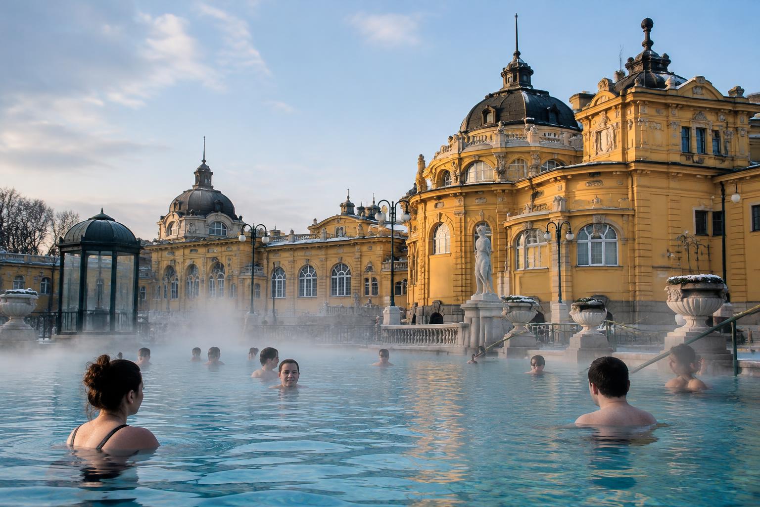 Steam rising from an outdoor thermal pool in Budapest in cool morning air