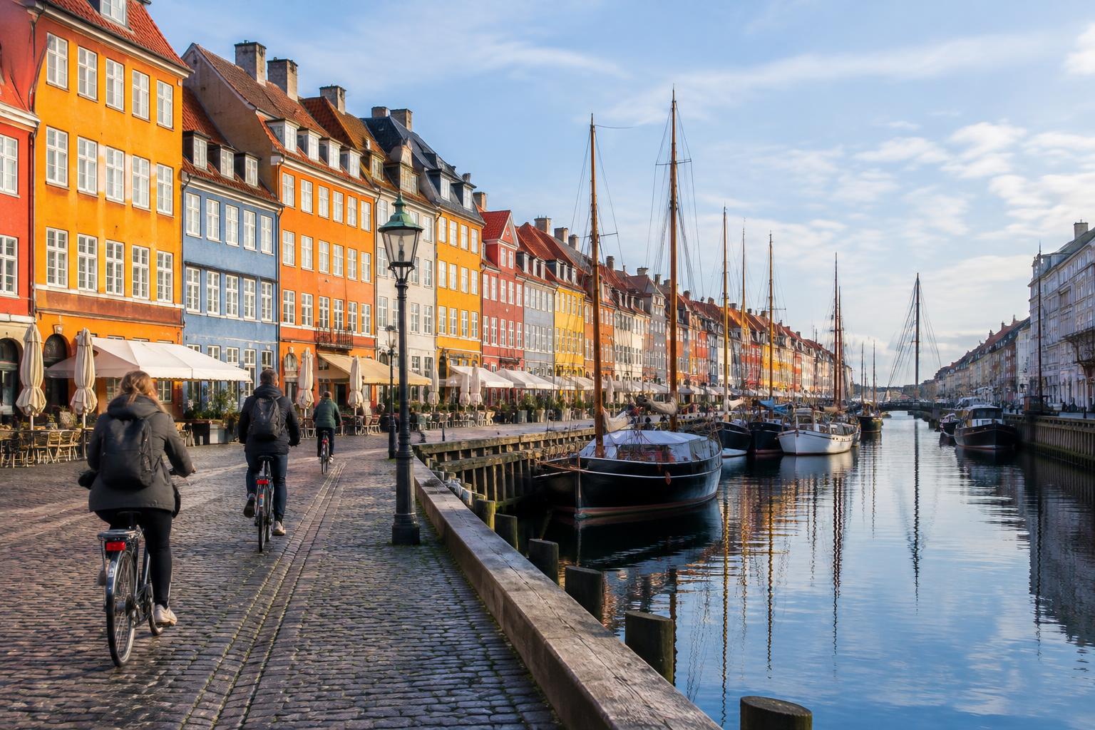 Bicycles parked along a canal in Copenhagen with colourful townhouses behind