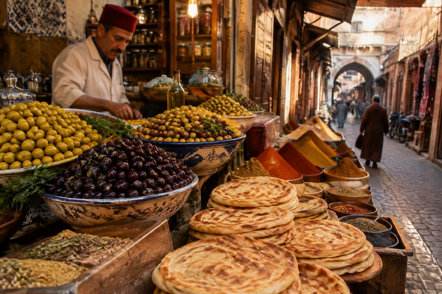 A narrow alley in the Fes medina lined with spice stalls