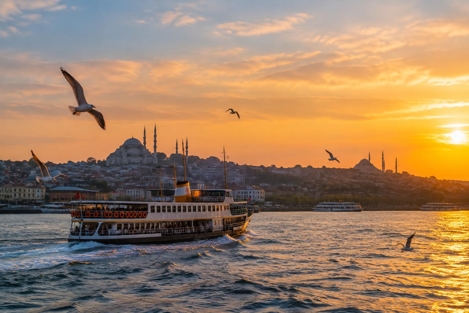Commuter ferry crossing the Bosphorus with Istanbul's skyline behind it