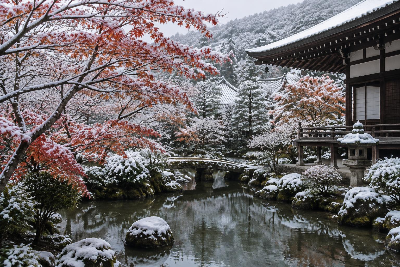 A snow-dusted temple garden in Kyoto in early morning winter light