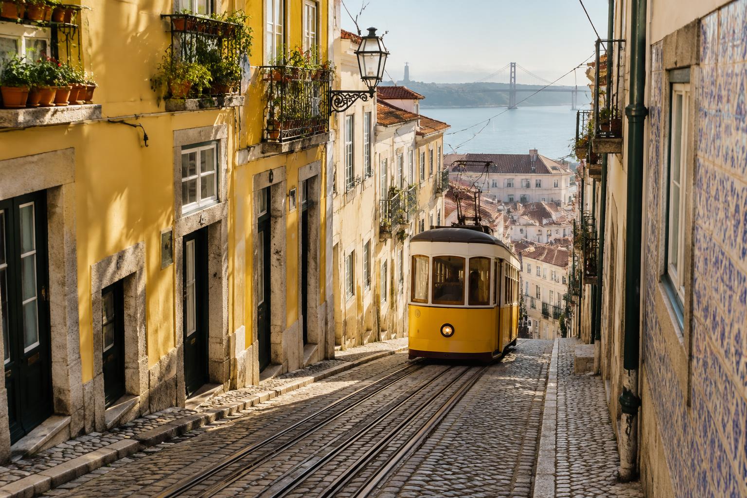 Yellow tram climbing a narrow hilly street in Lisbon’s Alfama district