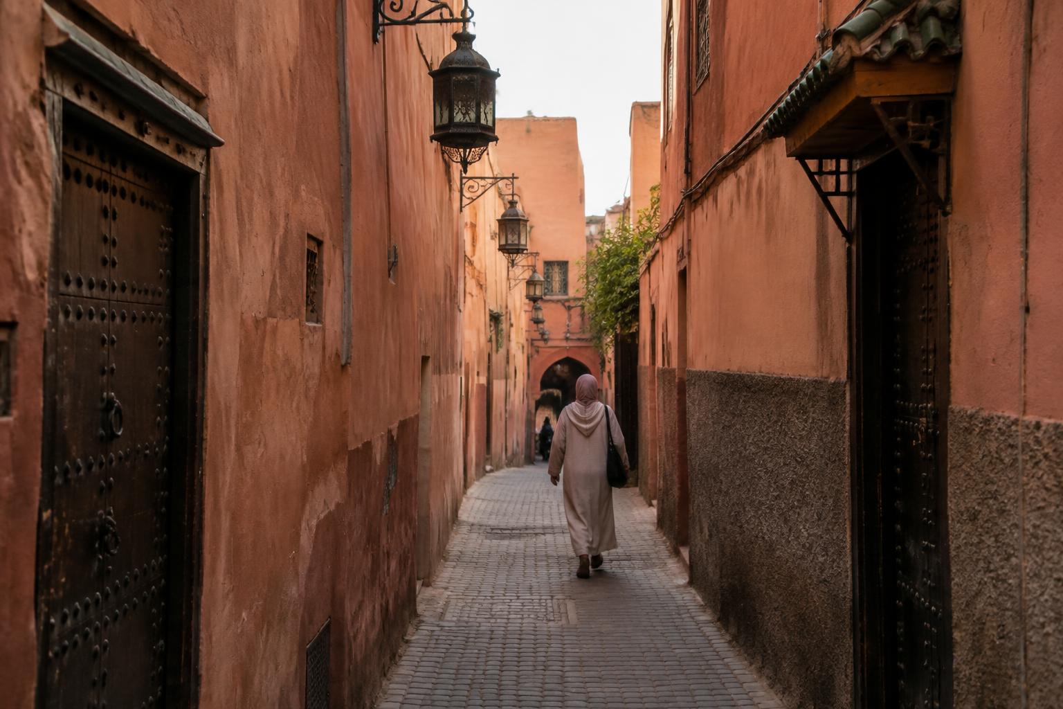 Narrow alley in the Marrakech medina lined with lanterns and stalls