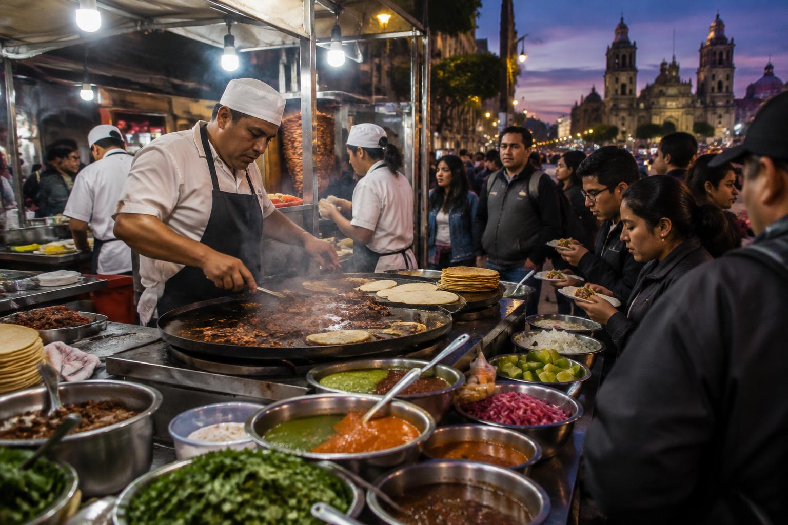 A street taco stand with a griddle and stacked ingredients