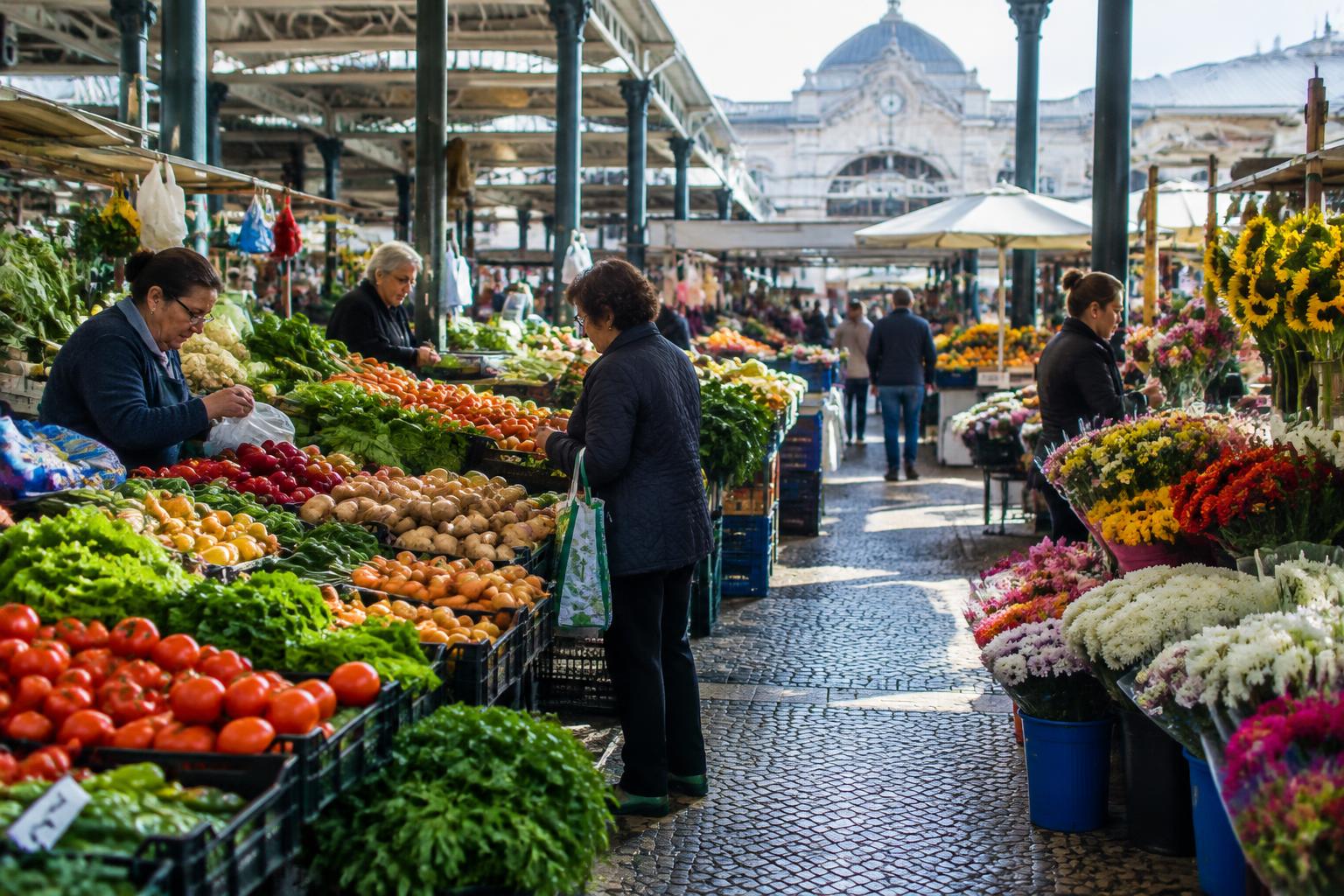 The interior of a restored market hall with stalls of fish and produce