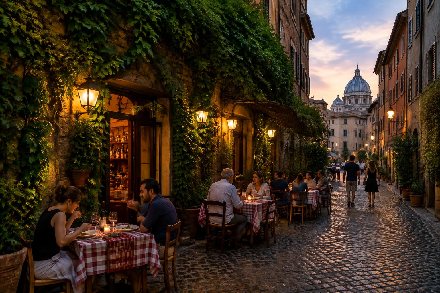 A narrow cobbled street in Rome lined with trattorie and awnings