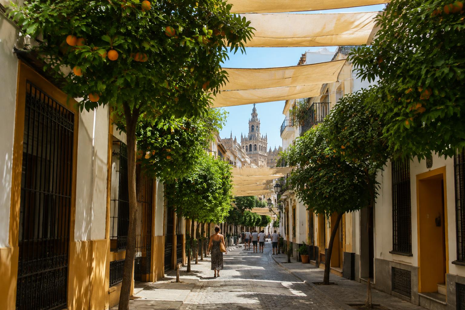 Narrow shaded street in Seville’s old town with white awnings strung overhead