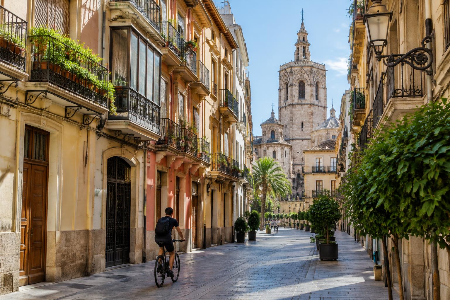 A quiet street in Valencia’s Ruzafa neighbourhood with orange trees along the pavement