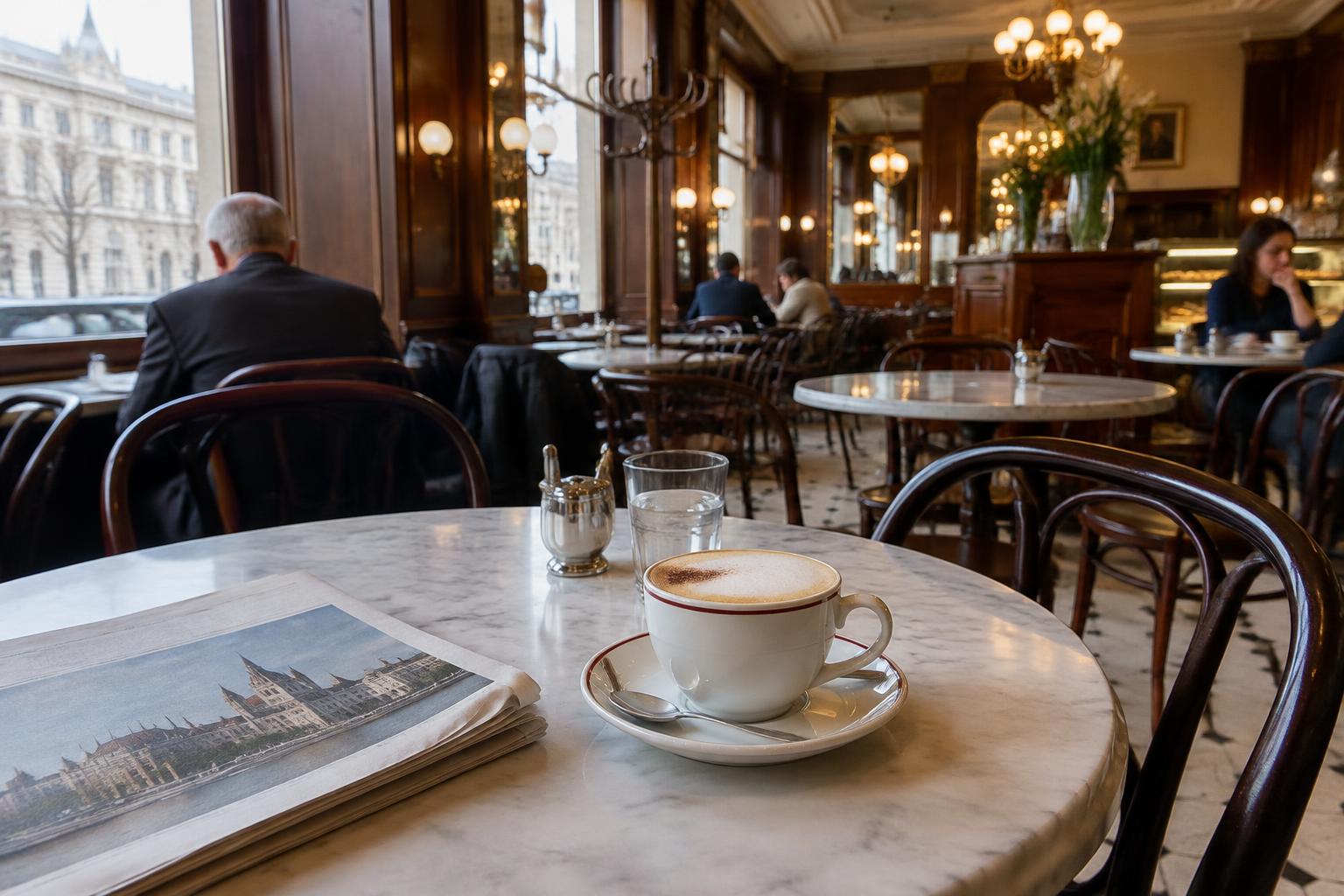 The ornate interior of a traditional Viennese coffee house with marble tables